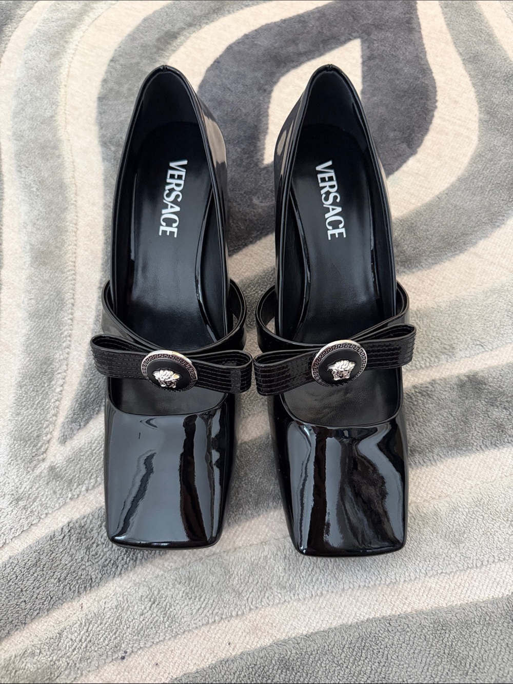 Versace Black Patent Leather Square-Toe Pumps with Bow and Medusa Accent
